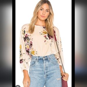 Free People Floral Print Women's Velvet Slouchy Bodysuit Top - Cream and Purple
